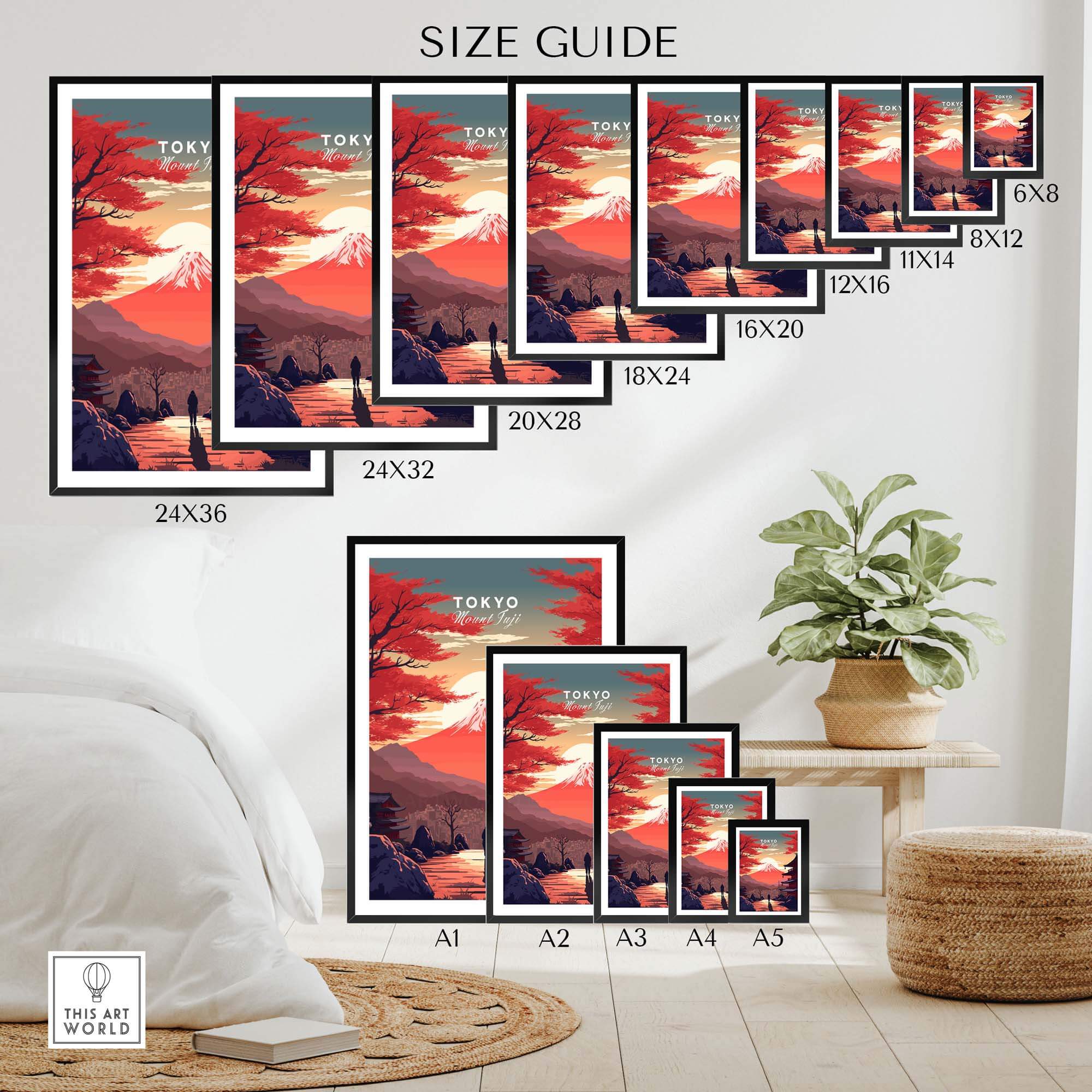 Size guide for Tokyo Mount Fuji poster, showcasing various frame sizes for optimal display in home decor.