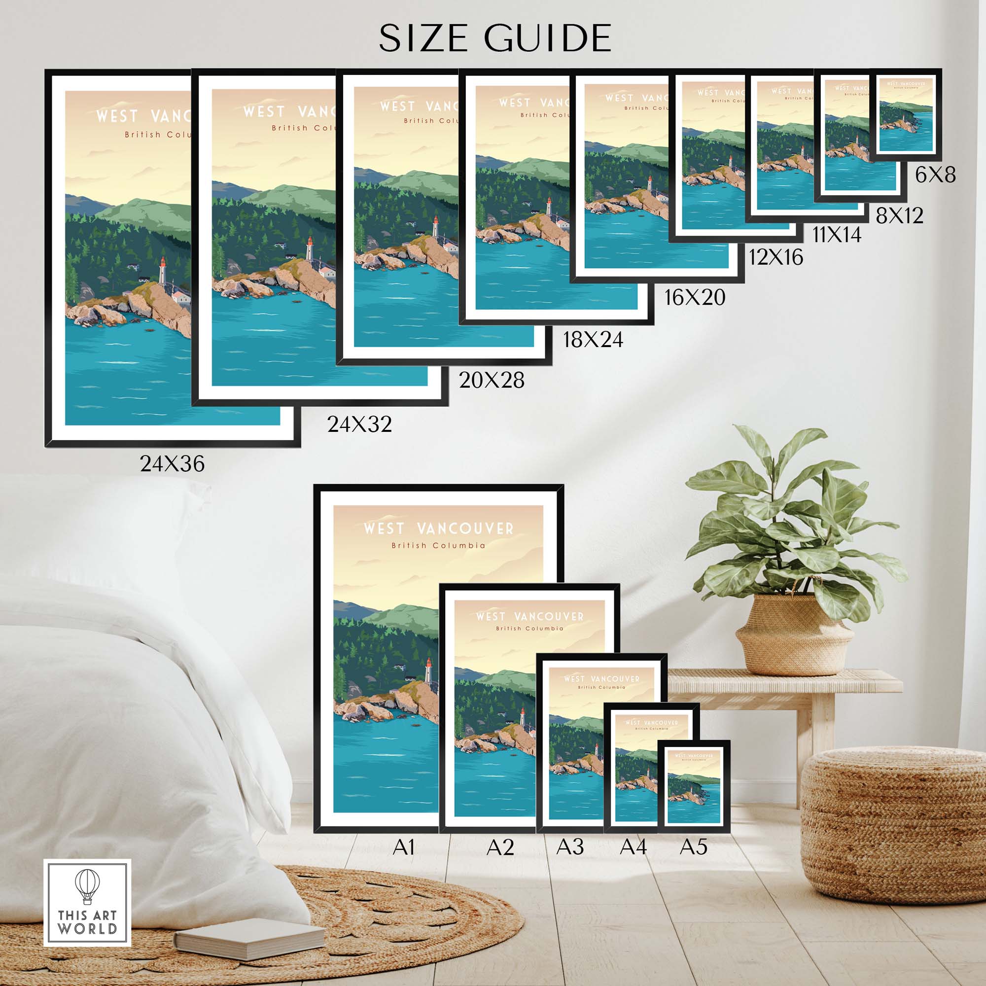 Size guide for West Vancouver BC travel poster print showcasing various frame sizes and designs in a home setting.