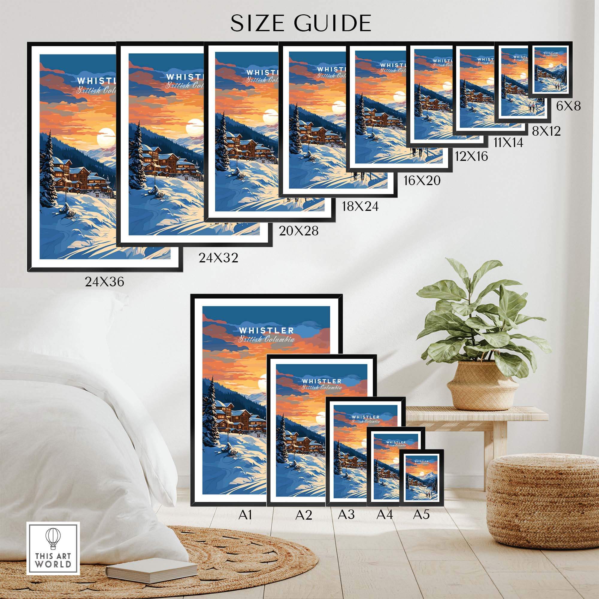 Whistler Ski Resort Sunset Poster in Various Sizes, Perfect Gift for Ski Enthusiasts, Canada Ski Poster Size Guide