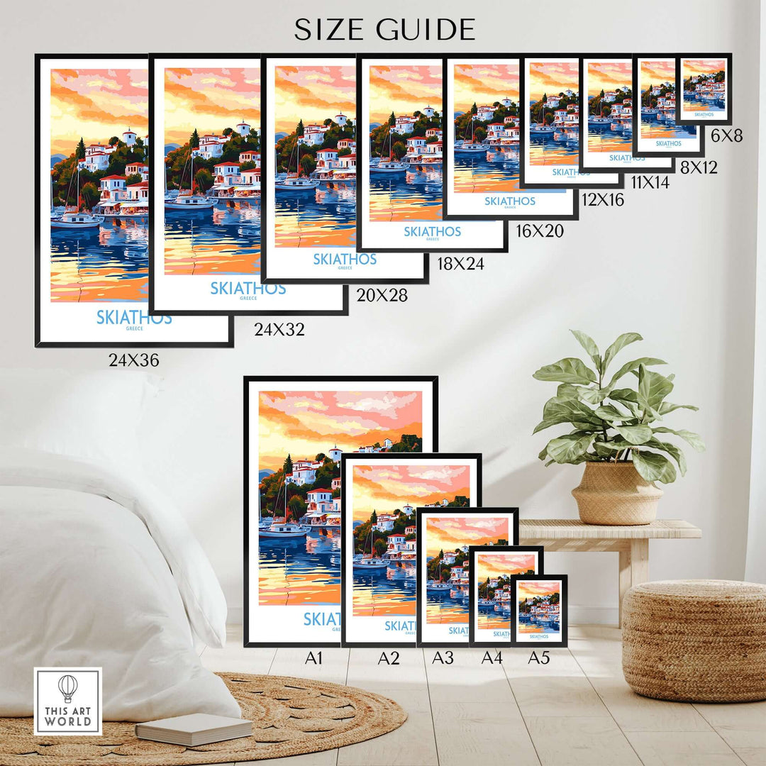 Size guide for wall art print of Skiathos Greece with various frame dimensions displayed in a stylish room.