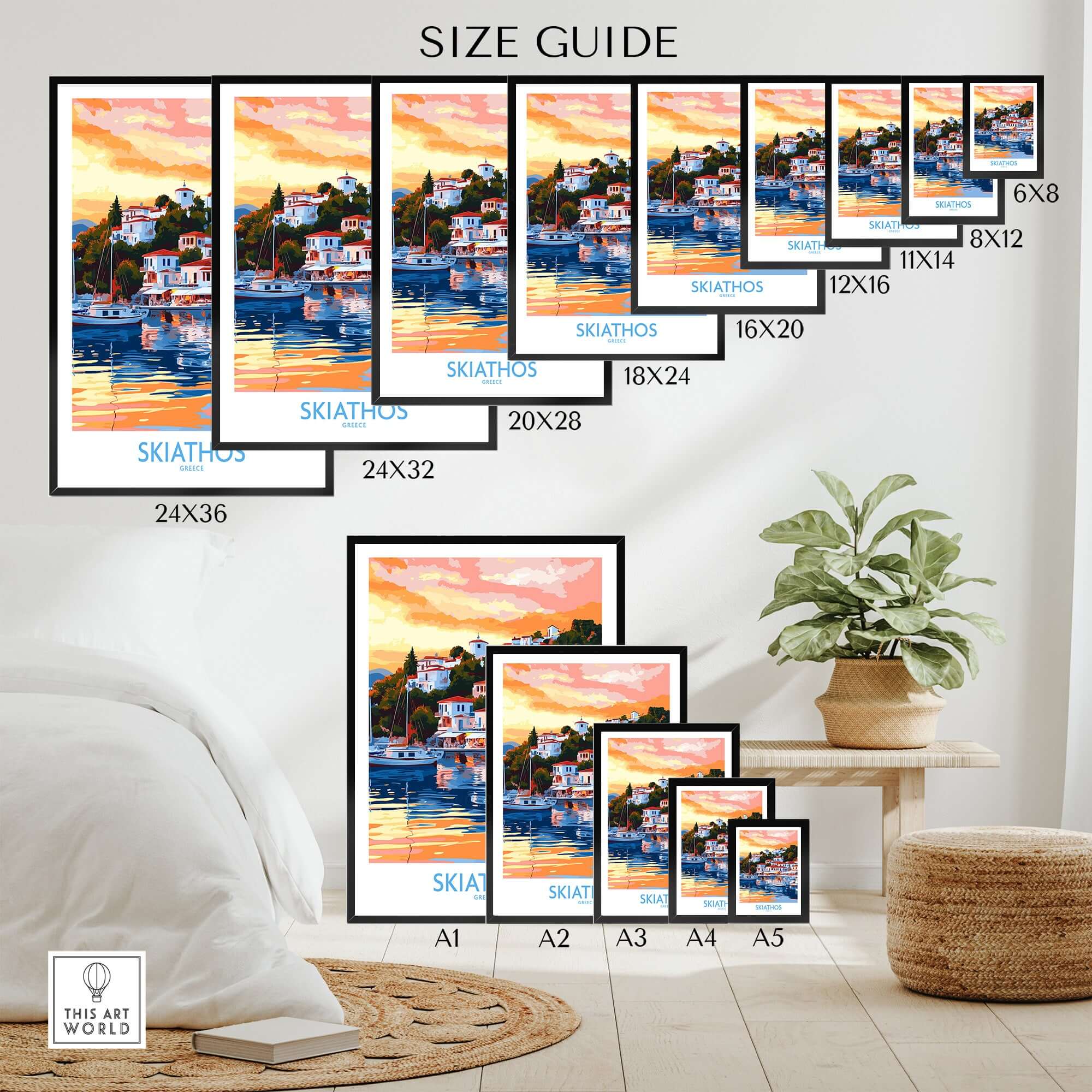 Size guide for Wall Art Print of Skiathos Greece displaying dimensions and framed examples.
