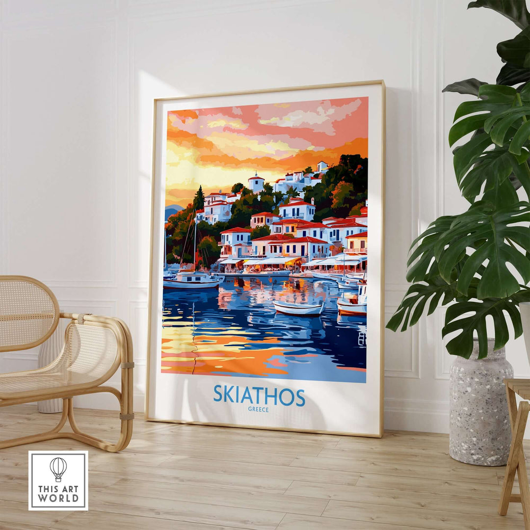 Vibrant wall art print of Skiathos Greece at sunset, depicting colorful houses and boats reflecting on tranquil waters.