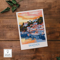 Wall Art Print of Skiathos Greece featuring a vibrant sunset and picturesque island views.