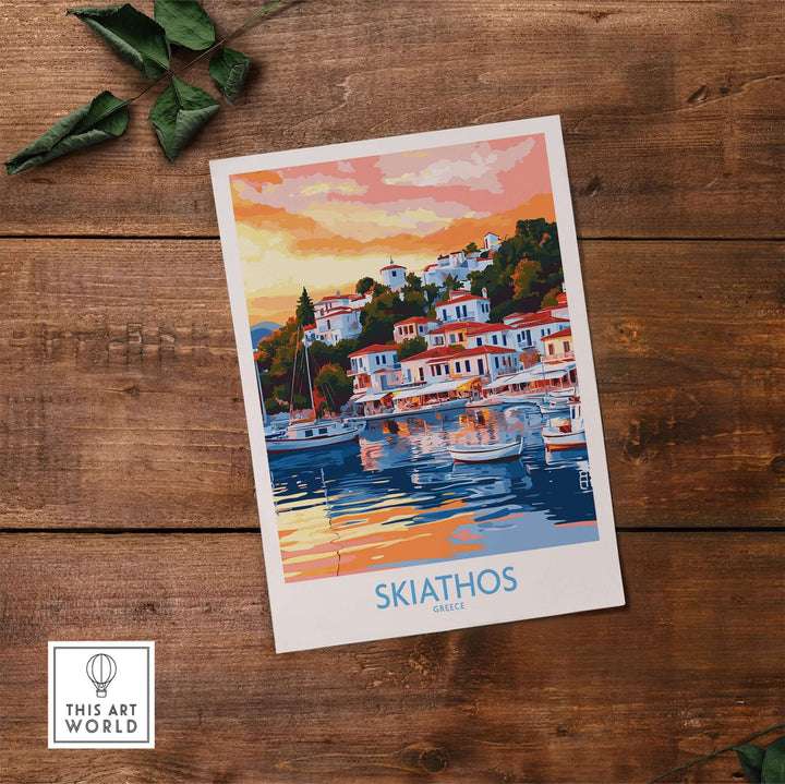 Vintage wall art print of Skiathos, Greece showcasing colorful sunset over the tranquil harbor.