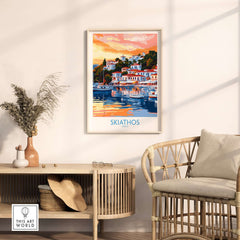 Wall Art Print of Skiathos Greece in a stylish interior, showcasing vibrant colors and a tranquil atmosphere.
