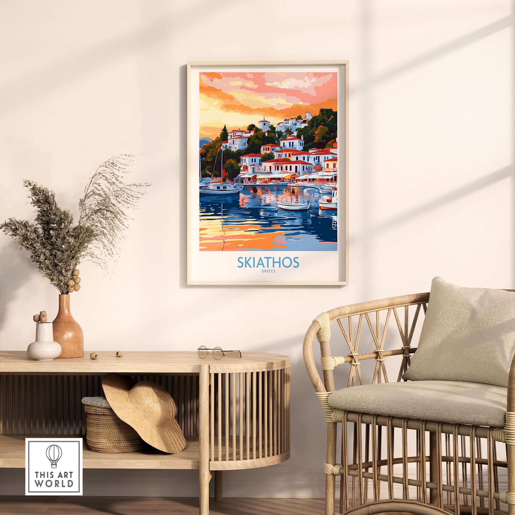Wall Art Print of Skiathos Greece in a stylish interior, showcasing vibrant colors and a tranquil atmosphere.
