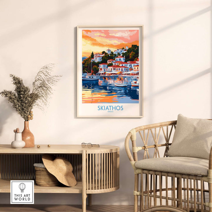 Vintage wall art print of Skiathos Greece depicting vibrant sunset colors and tranquil scenery.