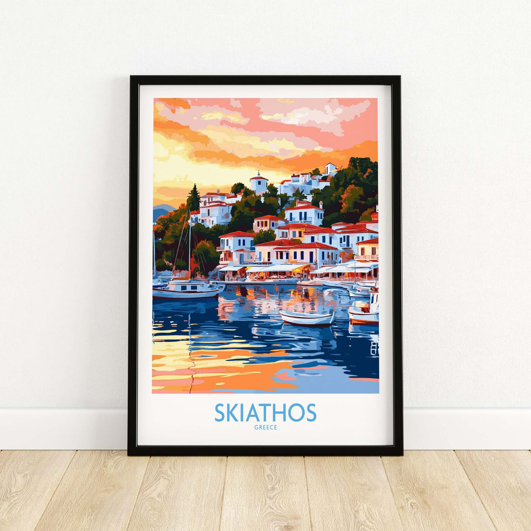 Vintage wall art print of Skiathos, Greece showcasing colorful buildings and boats at sunset.