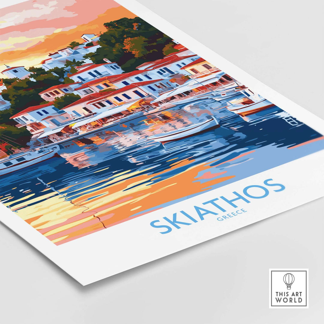 Wall art print of Skiathos, Greece featuring vibrant colors and picturesque sunset over the harbor.