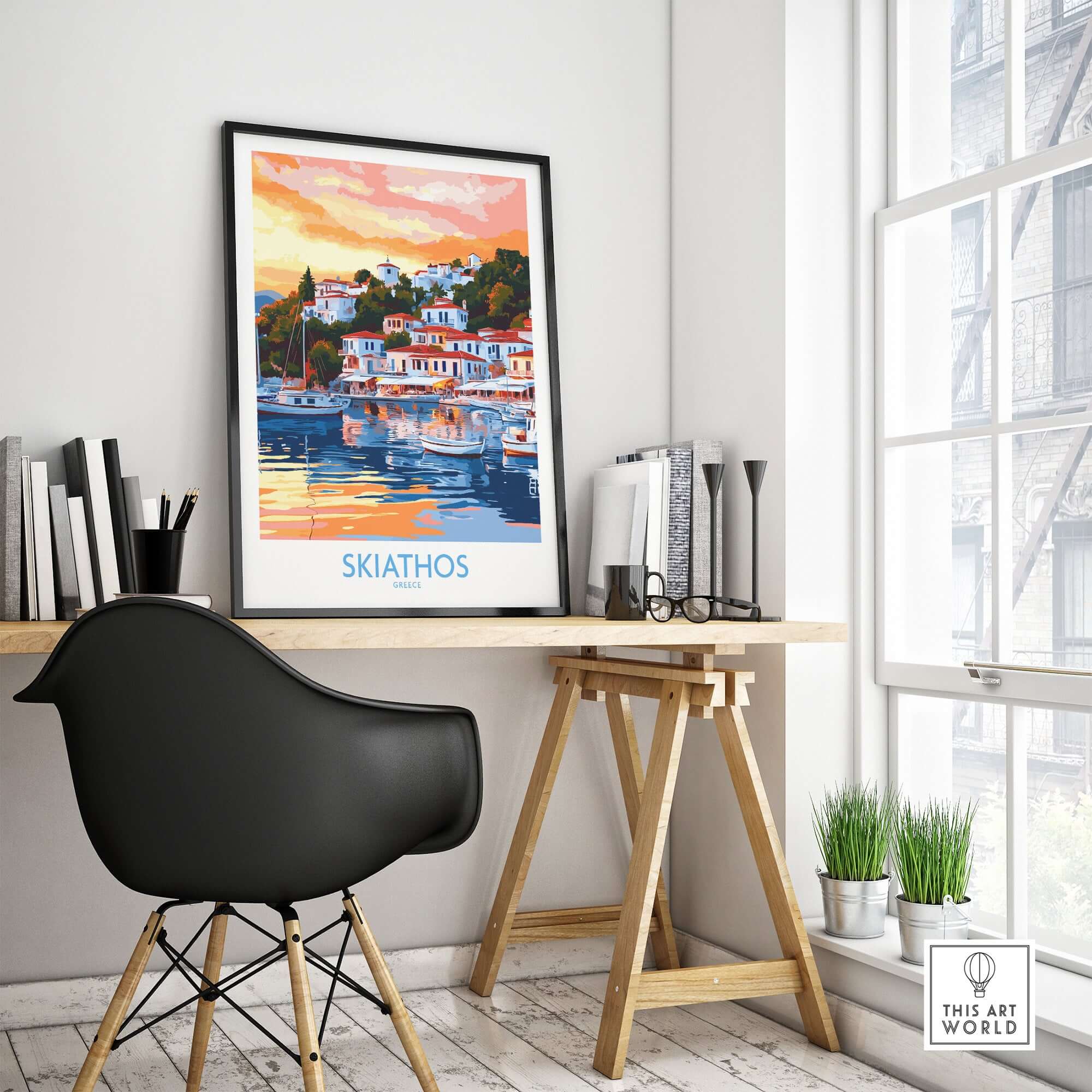 Wall Art Print of Skiathos Greece displayed in a modern workspace, showcasing vibrant sunset colors and tranquil island scenery.
