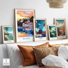 Wall Art Print of Skiathos Greece displayed among other posters in a stylish interior setting.