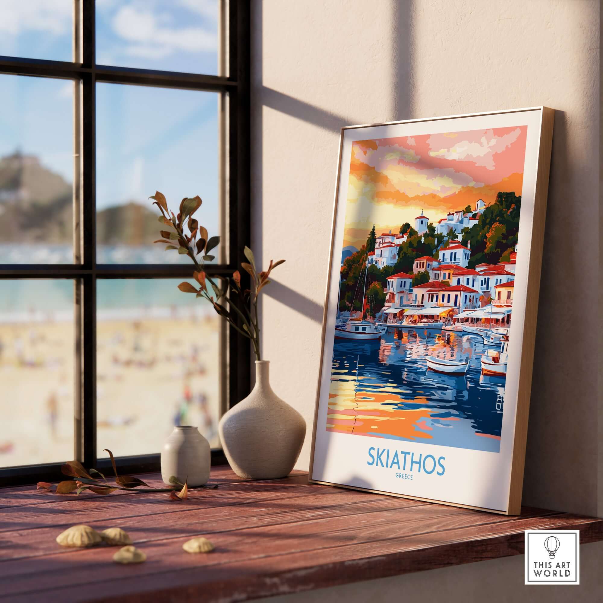Wall Art Print of Skiathos Greece displayed in a stylish room with vibrant colors and a picturesque view.