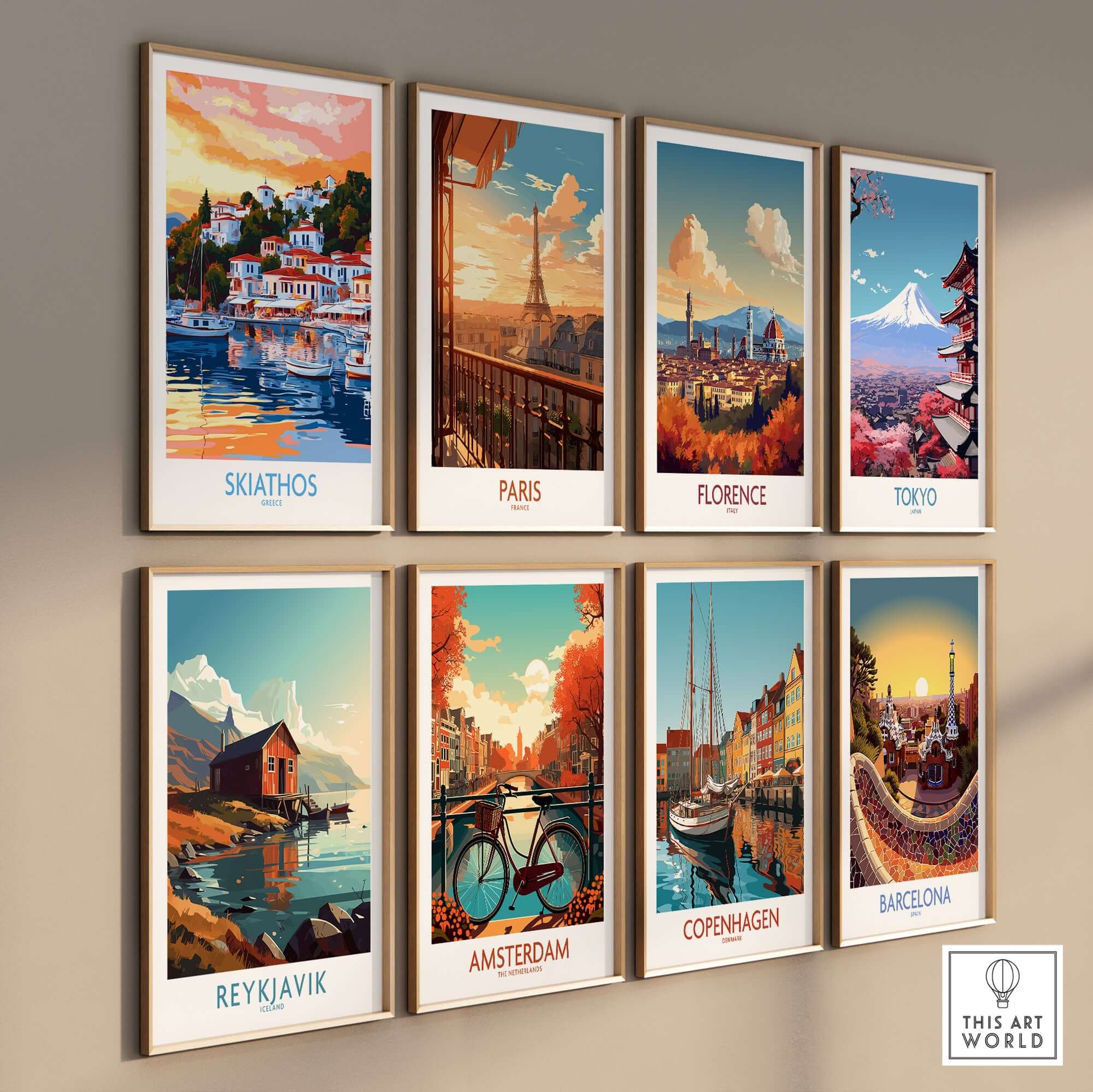 Wall Art Print of Skiathos Greece in a vintage-style poster collection showcasing vibrant travel destinations.