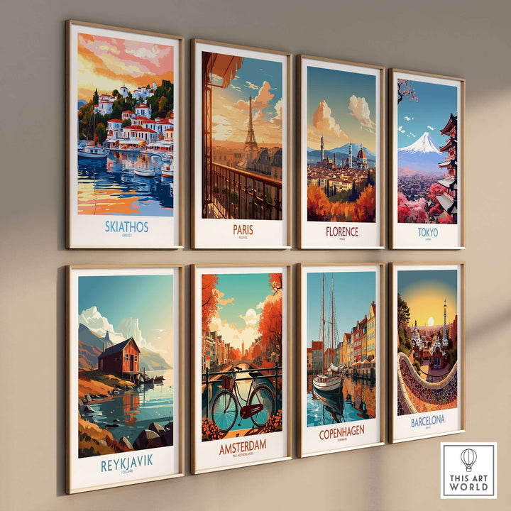 Wall art prints featuring iconic cities like Skiathos, Paris, Florence, Tokyo, and more in vibrant vintage styles.