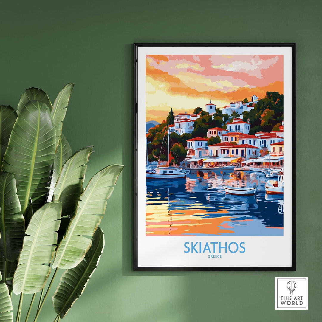 Vintage wall art print of Skiathos Greece showcasing colorful sunset and picturesque harbor scene.