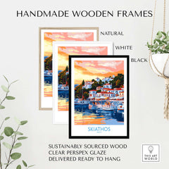 Handmade wooden frames for wall art print of Skiathos Greece in natural, white, and black styles.