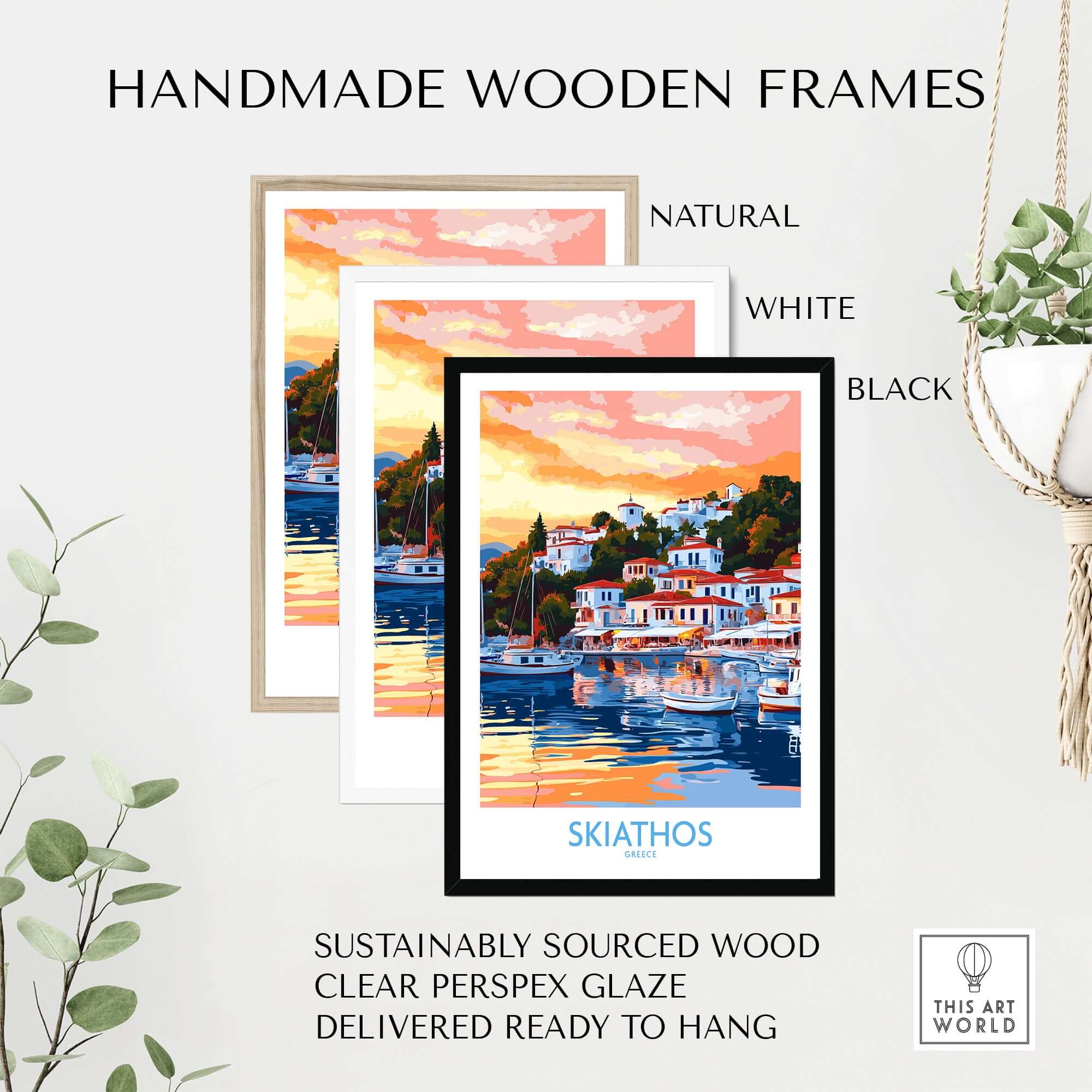 Handmade wooden frames for wall art print of Skiathos Greece in natural, white, and black styles.