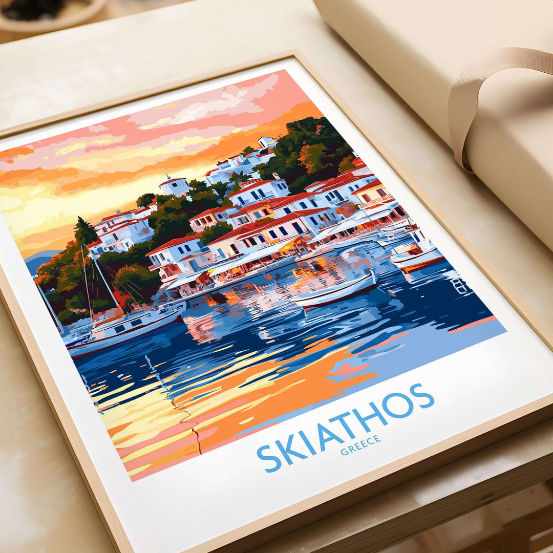 Colorful wall art print of Skiathos Greece showcasing vibrant sunset and tranquil harbor scene.