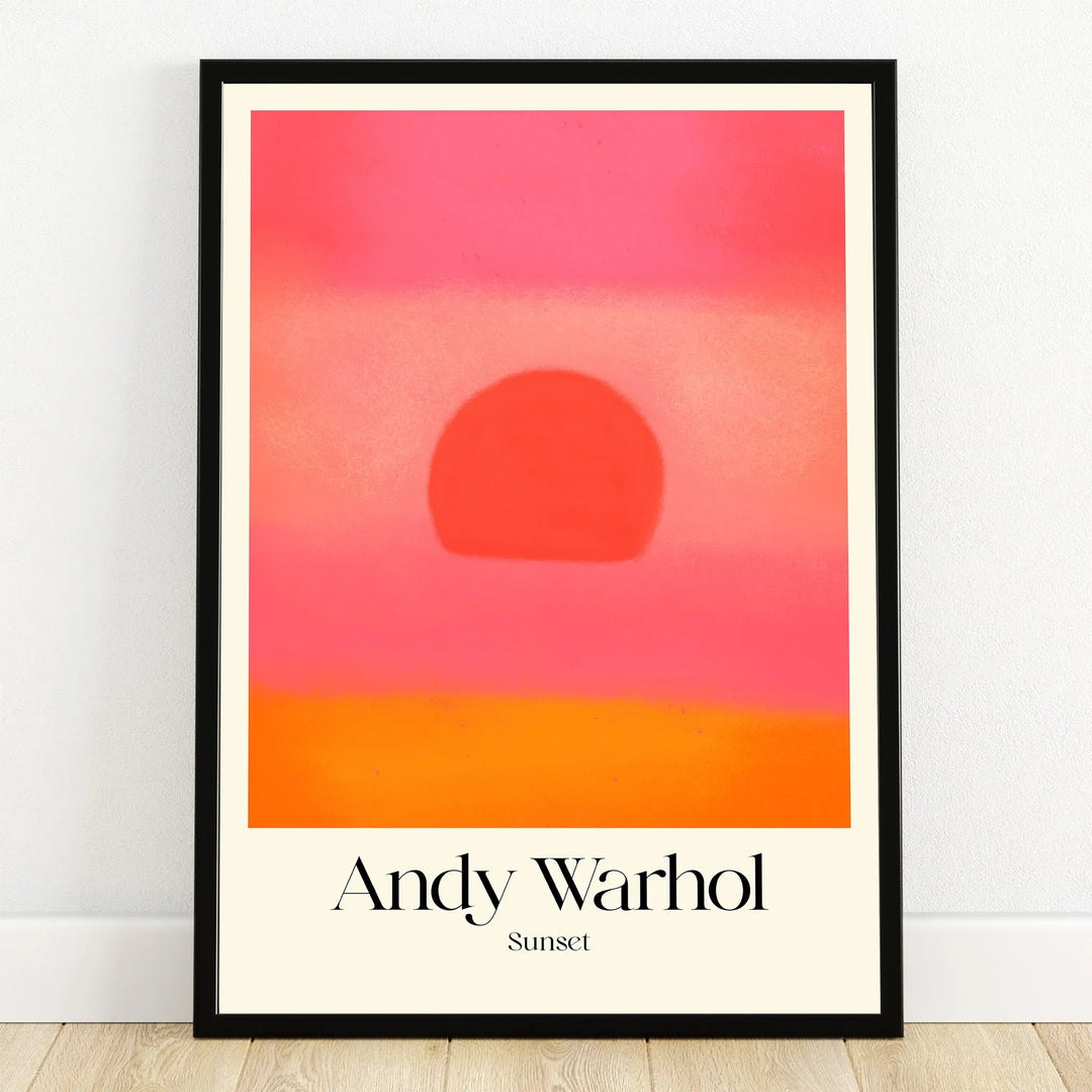 Framed Andy Warhol Sunset print with abstract sun and vibrant pink, orange gradient wall art