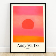 Framed Andy Warhol Sunset print with abstract sun and vibrant pink, orange gradient wall art