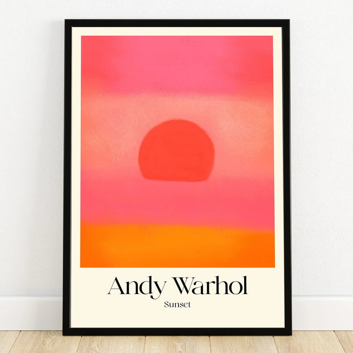 Framed Andy Warhol Sunset print with abstract sun and vibrant pink, orange gradient wall art