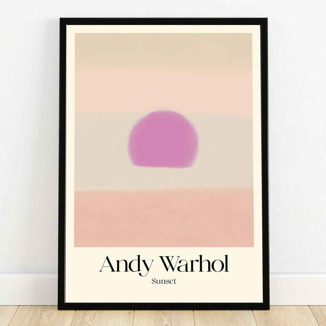 Framed Andy Warhol Sunset art print with abstract pink sun and pastel stripes, modern wall decor