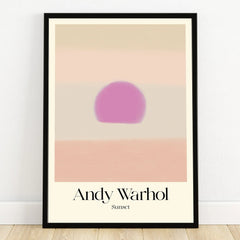 Framed Andy Warhol Sunset art print with abstract pink sun and pastel stripes, modern wall decor