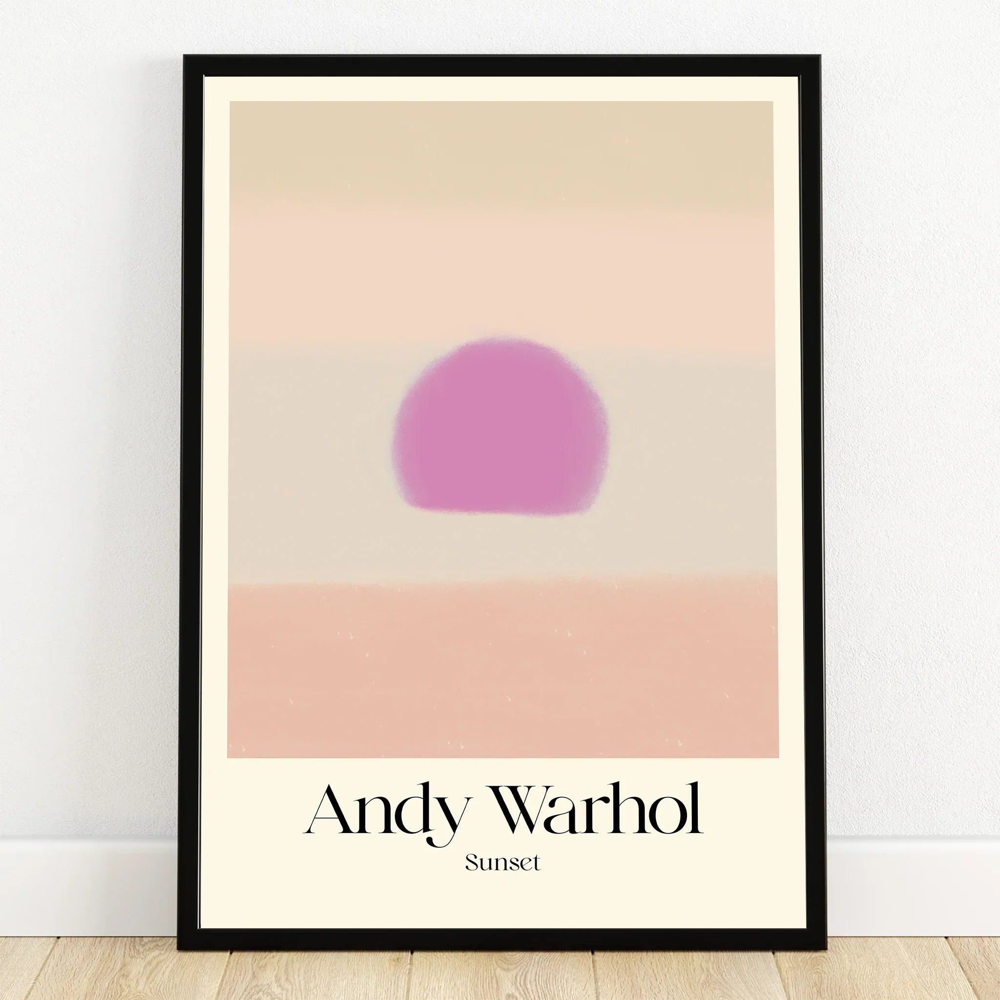 Framed Andy Warhol Sunset art print with abstract pink sun and pastel stripes, modern wall decor