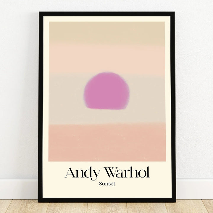 Framed Andy Warhol Sunset art print with abstract pink sun and pastel stripes, modern wall decor