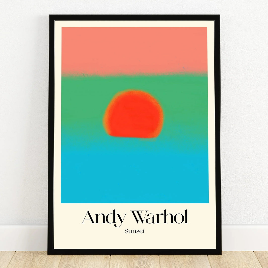 Andy Warhol Sunset print in black frame, colorful modern wall art with bold abstract sunset.