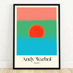 Andy Warhol Sunset print in black frame, colorful modern wall art with bold abstract sunset.