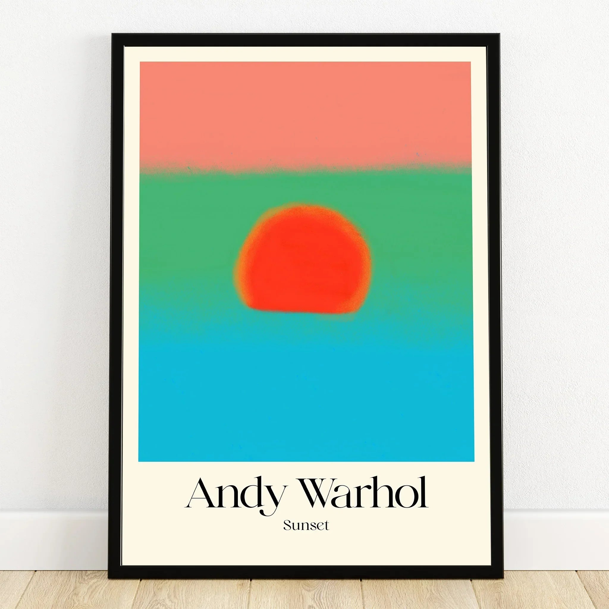 Andy Warhol Sunset print in black frame, colorful modern wall art with bold abstract sunset.