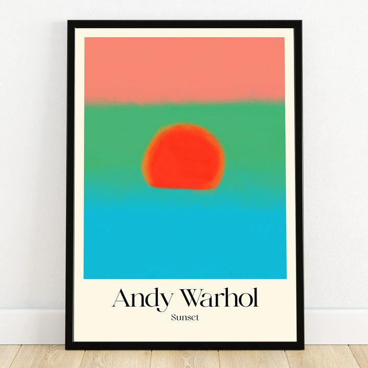 Andy Warhol Sunset print in black frame, colorful modern wall art with bold abstract sunset.
