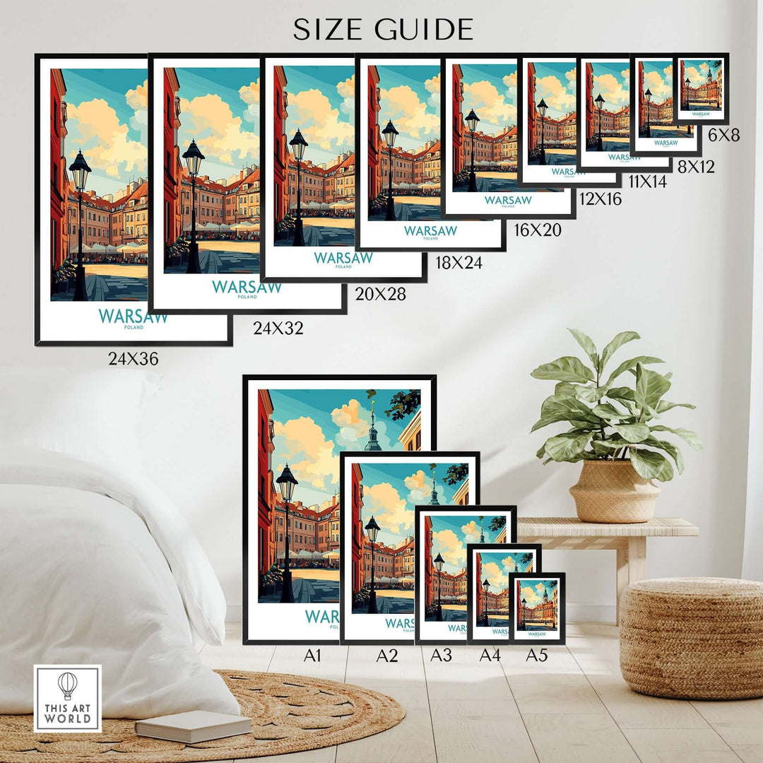 Size guide for Warsaw travel posters showcasing various dimensions against a home interior setting.