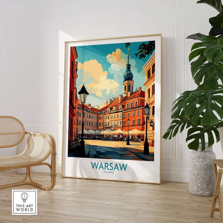 Vibrant Warsaw travel poster showcasing the city's landmarks and culture, perfect for art lovers and adventurers.