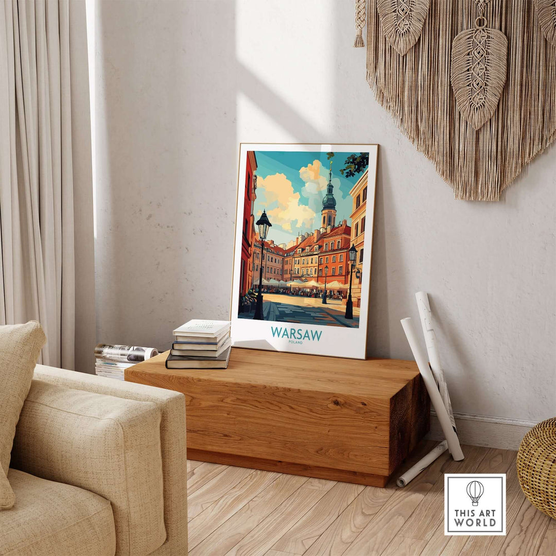 Warsaw travel poster showcasing vibrant cityscape and cultural landmarks, perfect for home decor.