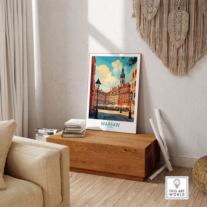 Warsaw travel poster showcasing vibrant cityscape and cultural landmarks, perfect for home decor.