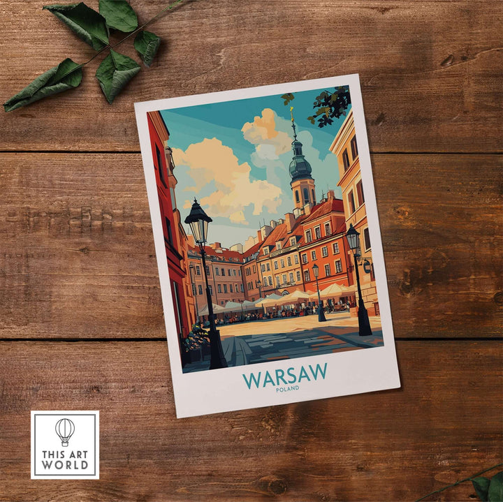 Warsaw travel poster featuring vibrant architecture and landmarks of Poland on a wooden background.