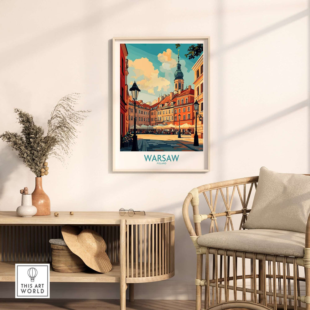 Warsaw travel poster showcasing city landmarks in a stylish interior setting, perfect for art lovers and adventurers.