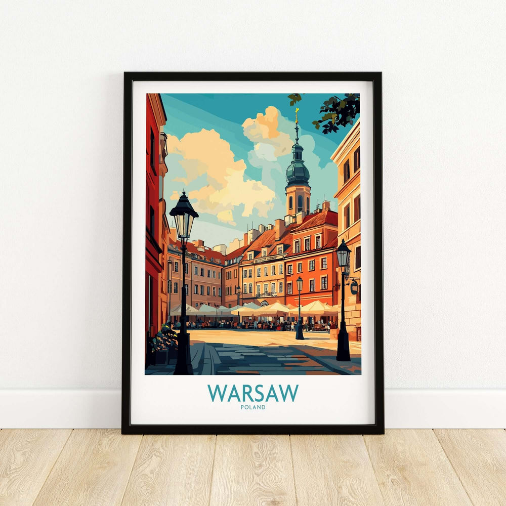 Vibrant Warsaw travel poster showcasing iconic landmarks and cultural heritage of Poland. Perfect for home decor.