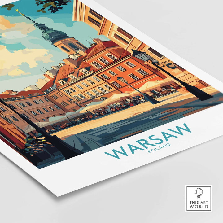 Warsaw travel poster featuring vibrant colors and iconic architecture of Poland's capital city.