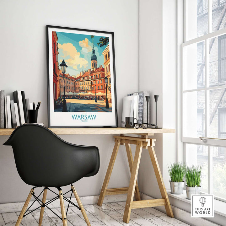 Warsaw travel poster displayed in a stylish interior, highlighting the city's vibrant architecture and cultural charm.