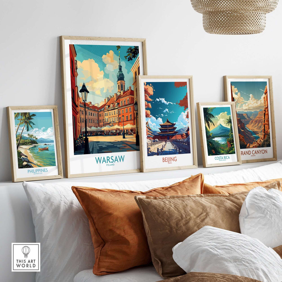 Warsaw travel poster among framed art prints of global destinations, showcasing vibrant colors and cultural landmarks.