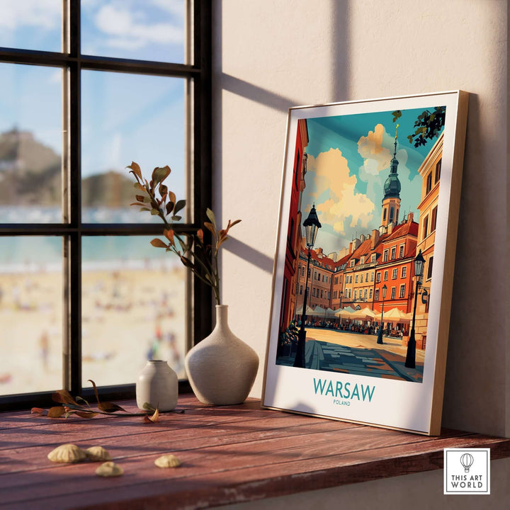 Warsaw travel poster showcasing iconic landmarks and vibrant colors, perfect for home decor and art lovers.