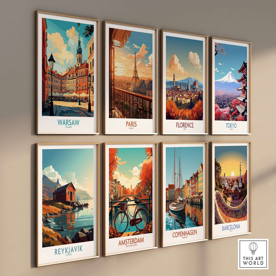 Vibrant collage of travel posters featuring Warsaw, Paris, Florence, Tokyo, Reykjavik, Amsterdam, Copenhagen, and Barcelona.