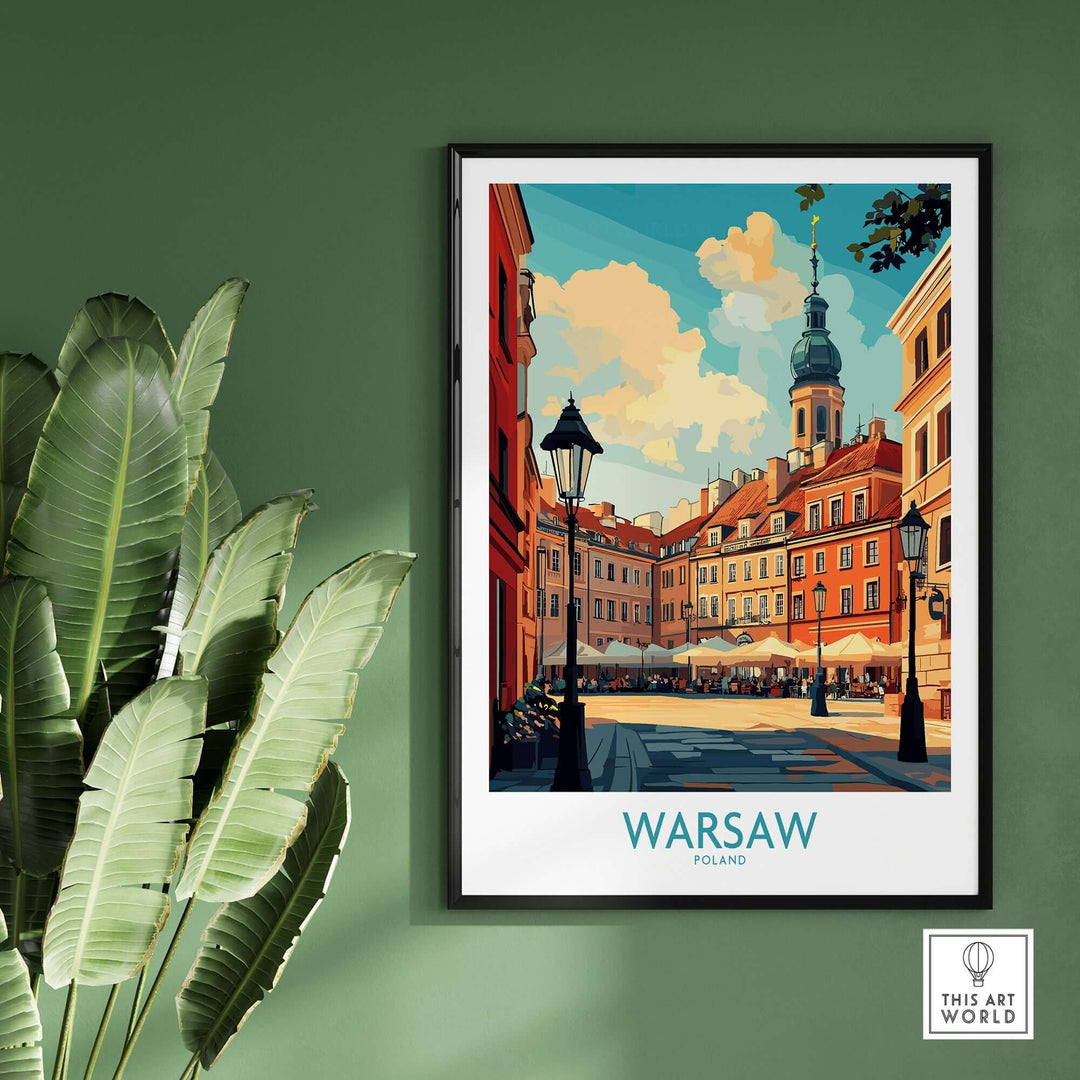 Warsaw travel poster showcasing vibrant city streets and iconic landmarks in Poland, framed against a green wall.