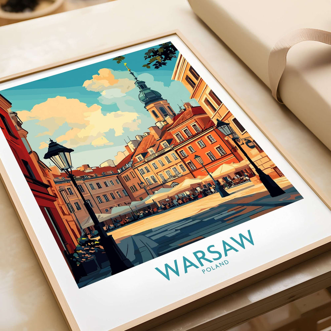 Vibrant Warsaw travel poster showcasing iconic architecture and cultural heritage in charming street scene.