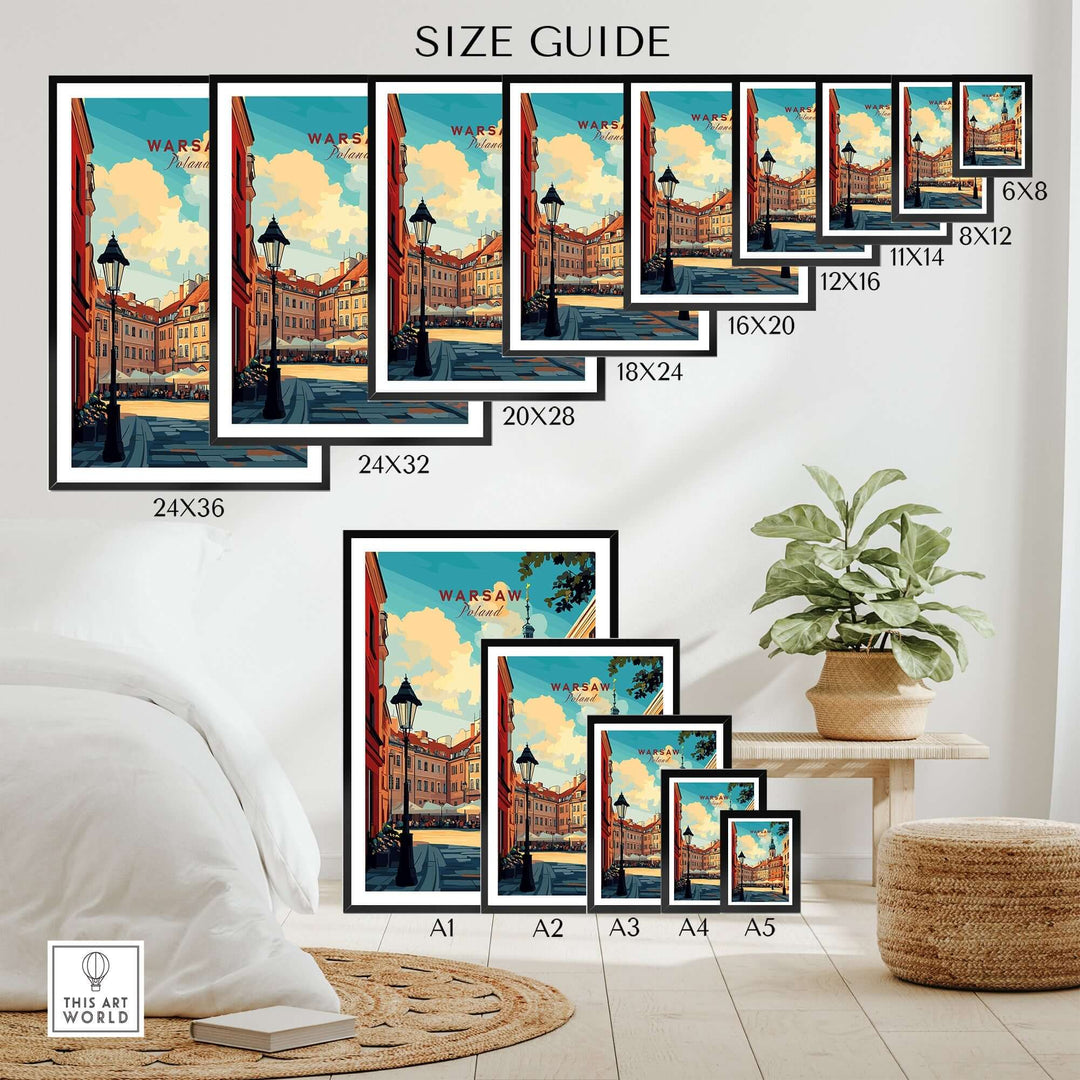 Size guide for Warsaw Wall Art Print showing various frame sizes in a stylish home setting.