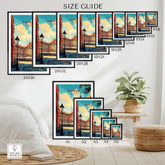 Size guide for Warsaw Wall Art Print showing various frame sizes in a stylish home setting.