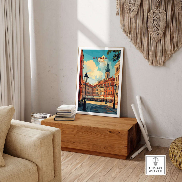 Warsaw travel poster art print showcasing vibrant city streets and historical architecture in a stylish living room setting.